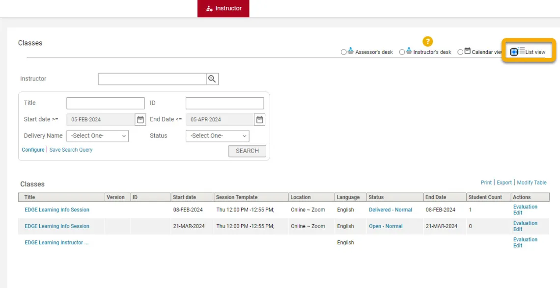 Screenshot of the List View in EDGE Learning. Demonstrates a sample list of previous classes facilitated by an instructor.