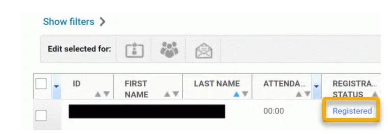 Screenshot of sample EDGE class roster with Registered link highlighted