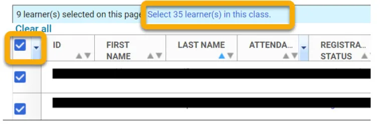 Screenshot of a class roster with a link and checkbox highlighted